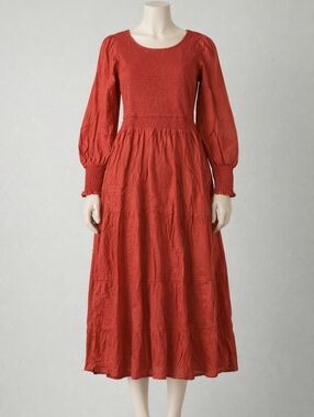 Smocked Waist Long-Sleeve Midi Dress in Rust